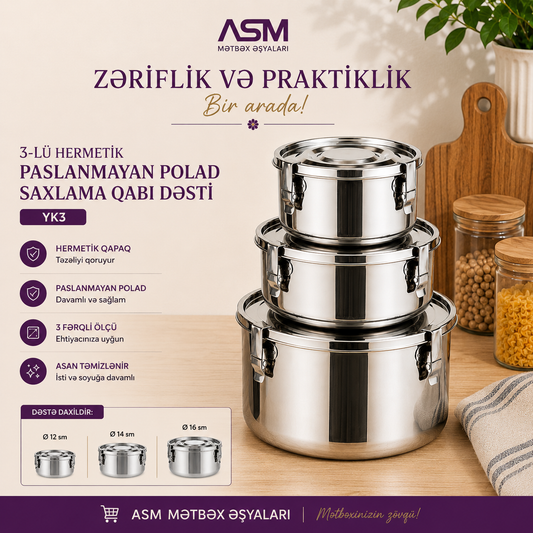 3-lü Hermetik Paslanmayan Polad Saxlama Qabı Dəsti
