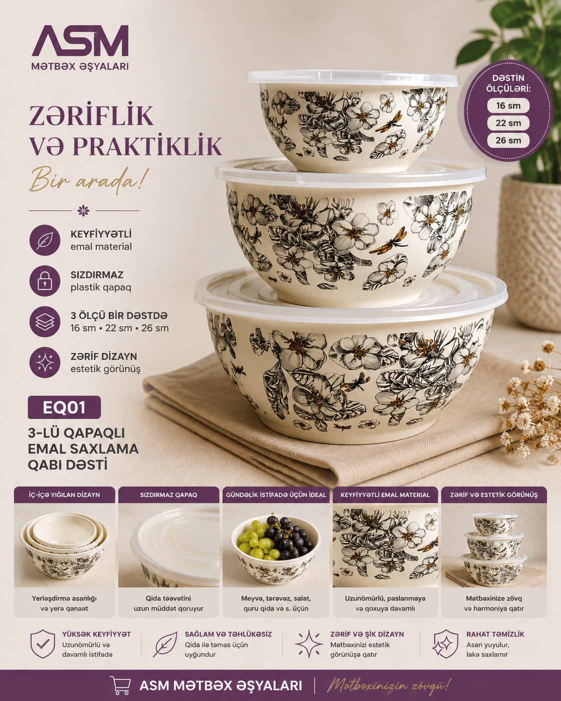 Çiçək Naxışlı 3-lü Emal Şüşə Saxlama Qabı Dəsti