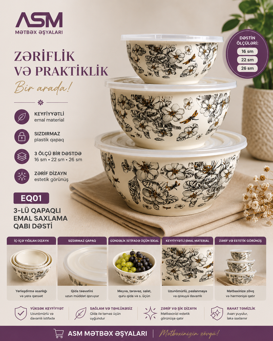 Çiçək Naxışlı 3-lü Emal Şüşə Saxlama Qabı Dəsti
