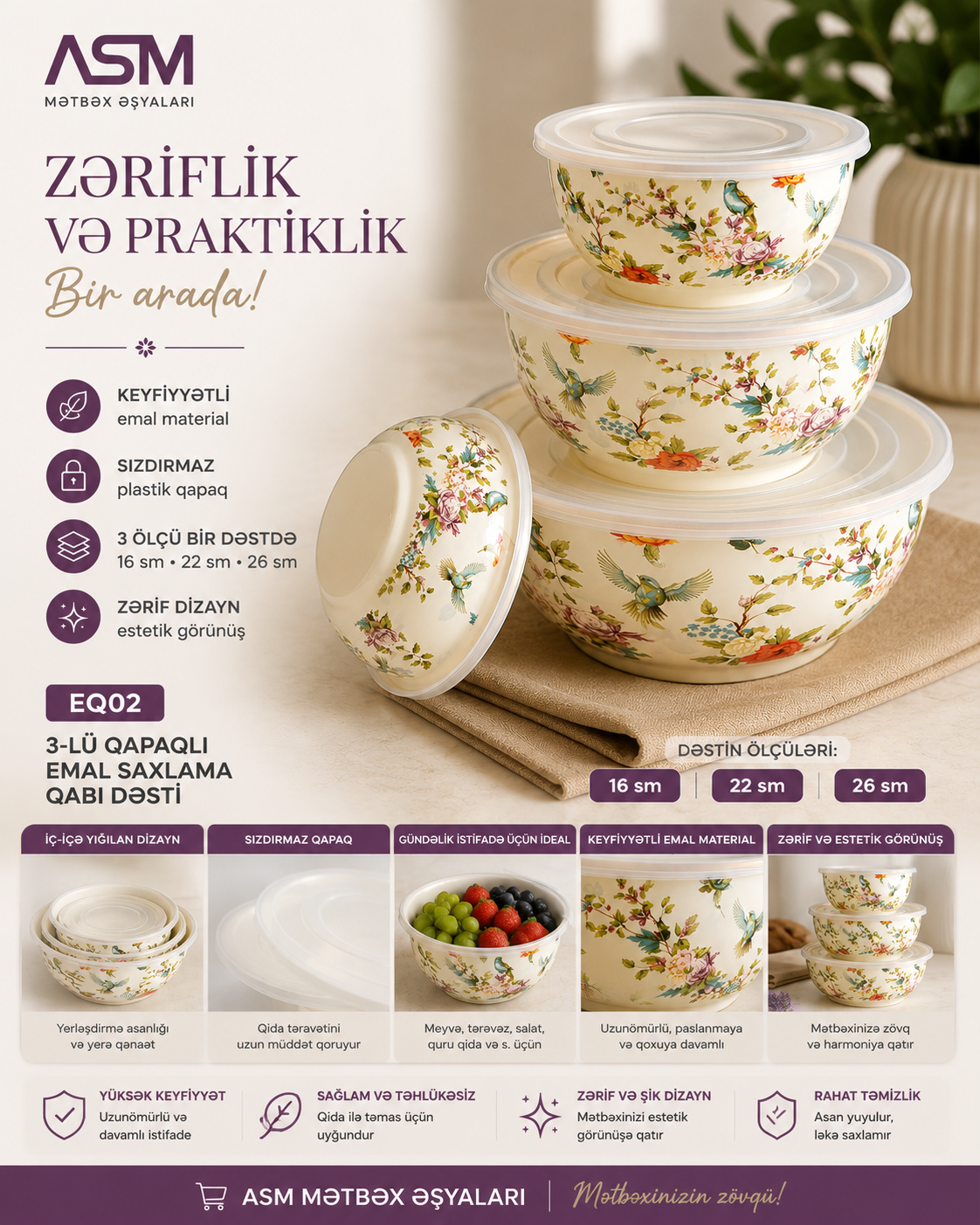 Gül Naxışlı 3-lü Emal Şüşə Saxlama Qabı Dəsti