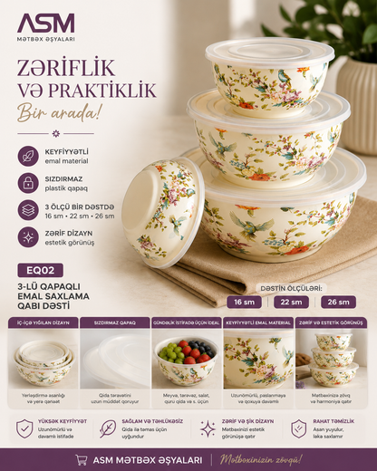 Gül Naxışlı 3-lü Emal Şüşə Saxlama Qabı Dəsti
