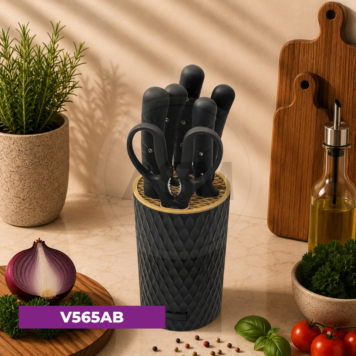 Bıçaq Dəsti 7-li Plastik Dairə Zolaqlı Qara