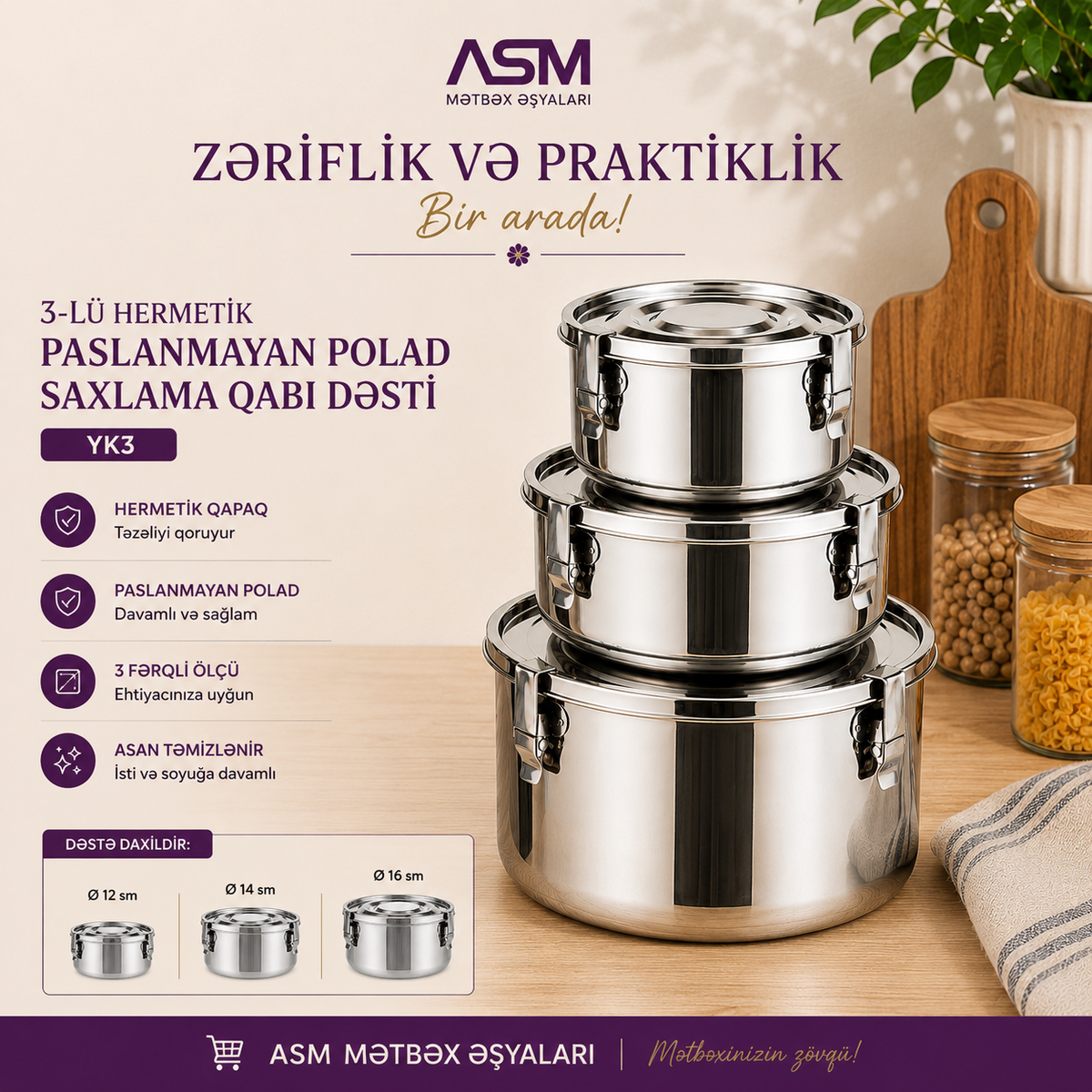 3-lü Hermetik Paslanmayan Polad Saxlama Qabı Dəsti
