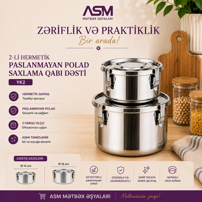 2-li Hermetik Paslanmayan Polad Saxlama Qabı Dəsti