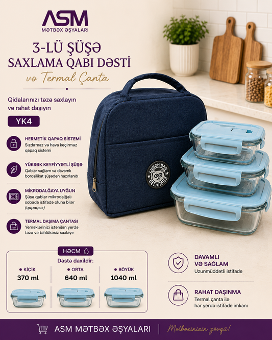 3-lü Şüşə Saxlama Qabı Dəsti və Termal Çanta